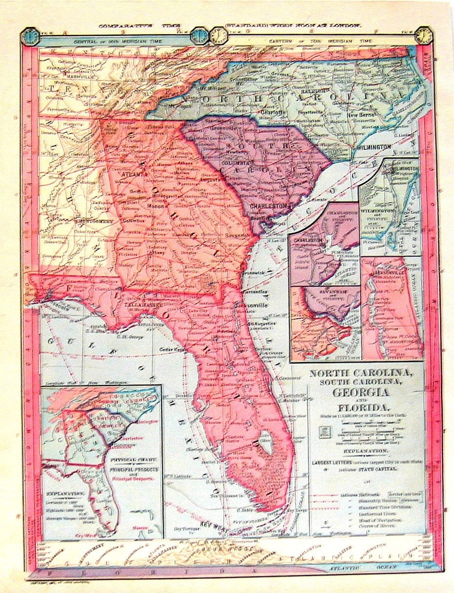 1885 Map South Carolina North Carolina Georgia And Florida