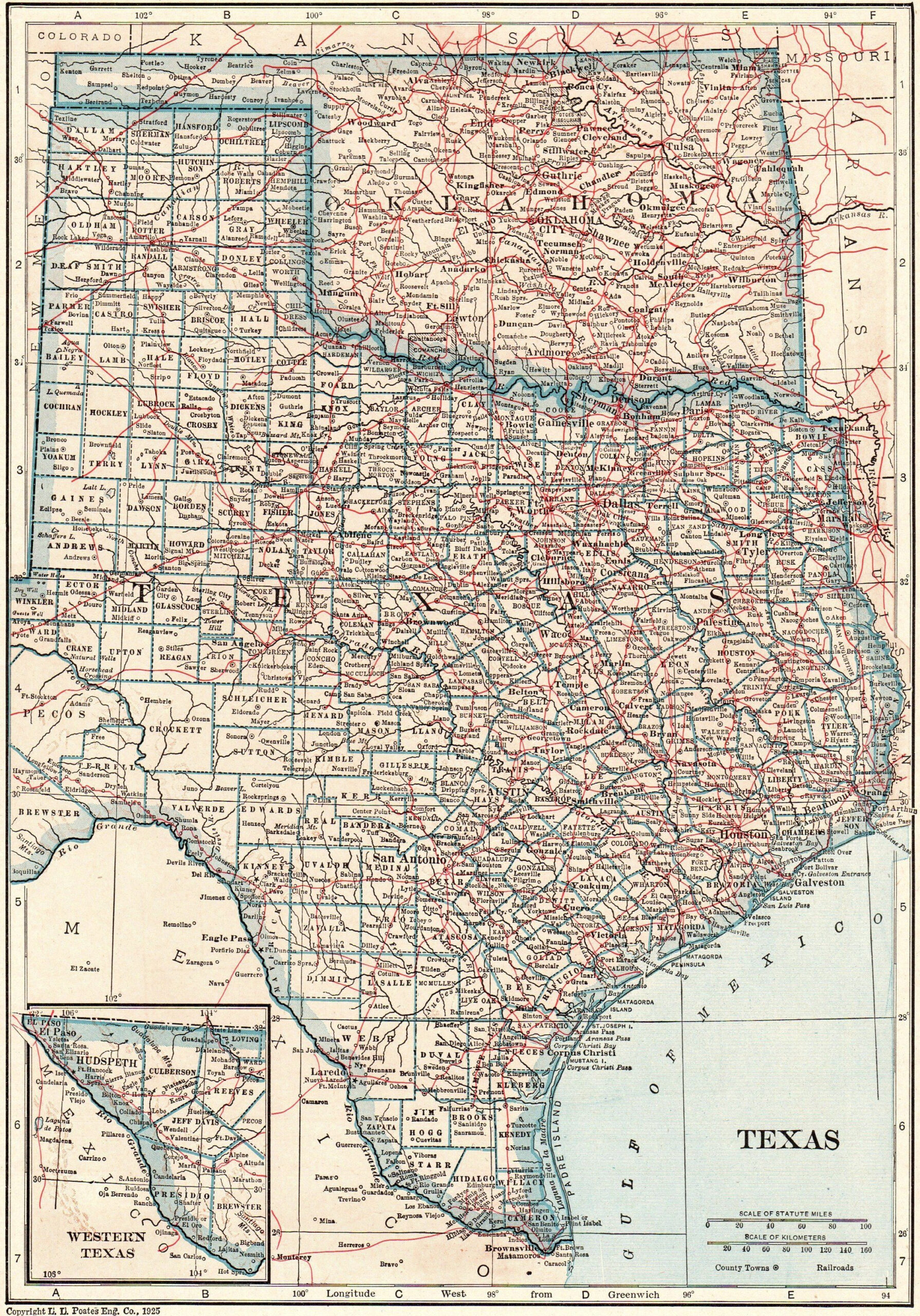 1914 Antique TEXAS State Map OKLAHOMA Map State Map Of Texas State 