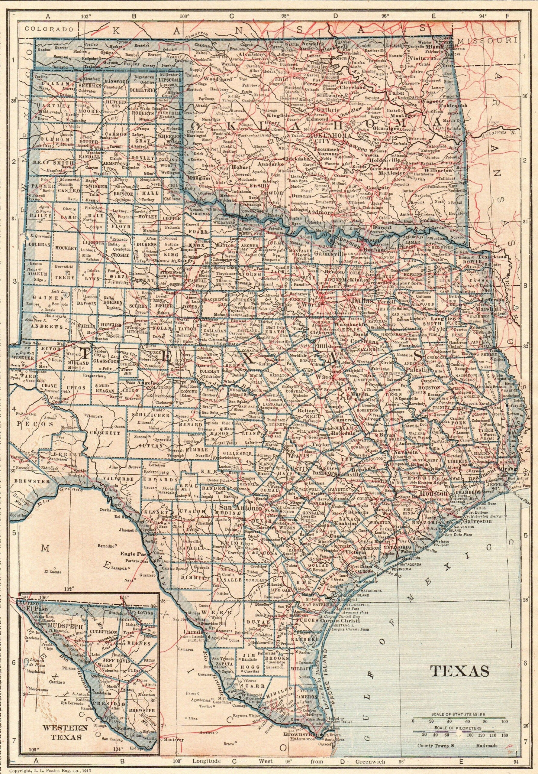 1914 Antique TEXAS State Map OKLAHOMA State Map Of Oklahoma Gallery 