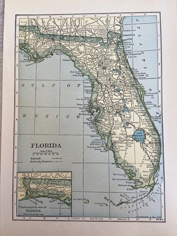 1920s Florida Antique Map Old Historical Print Lithograph Etsy 