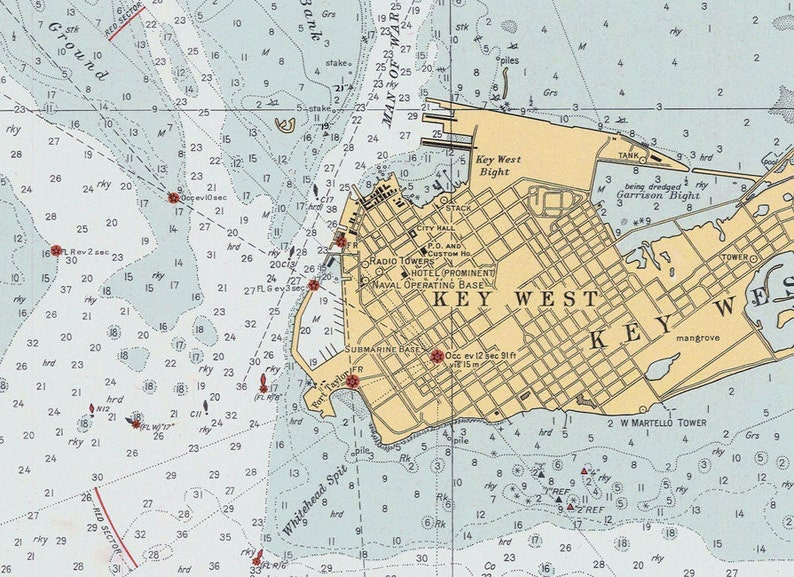 1940 Nautical Map Of Key West Harbor Florida Etsy