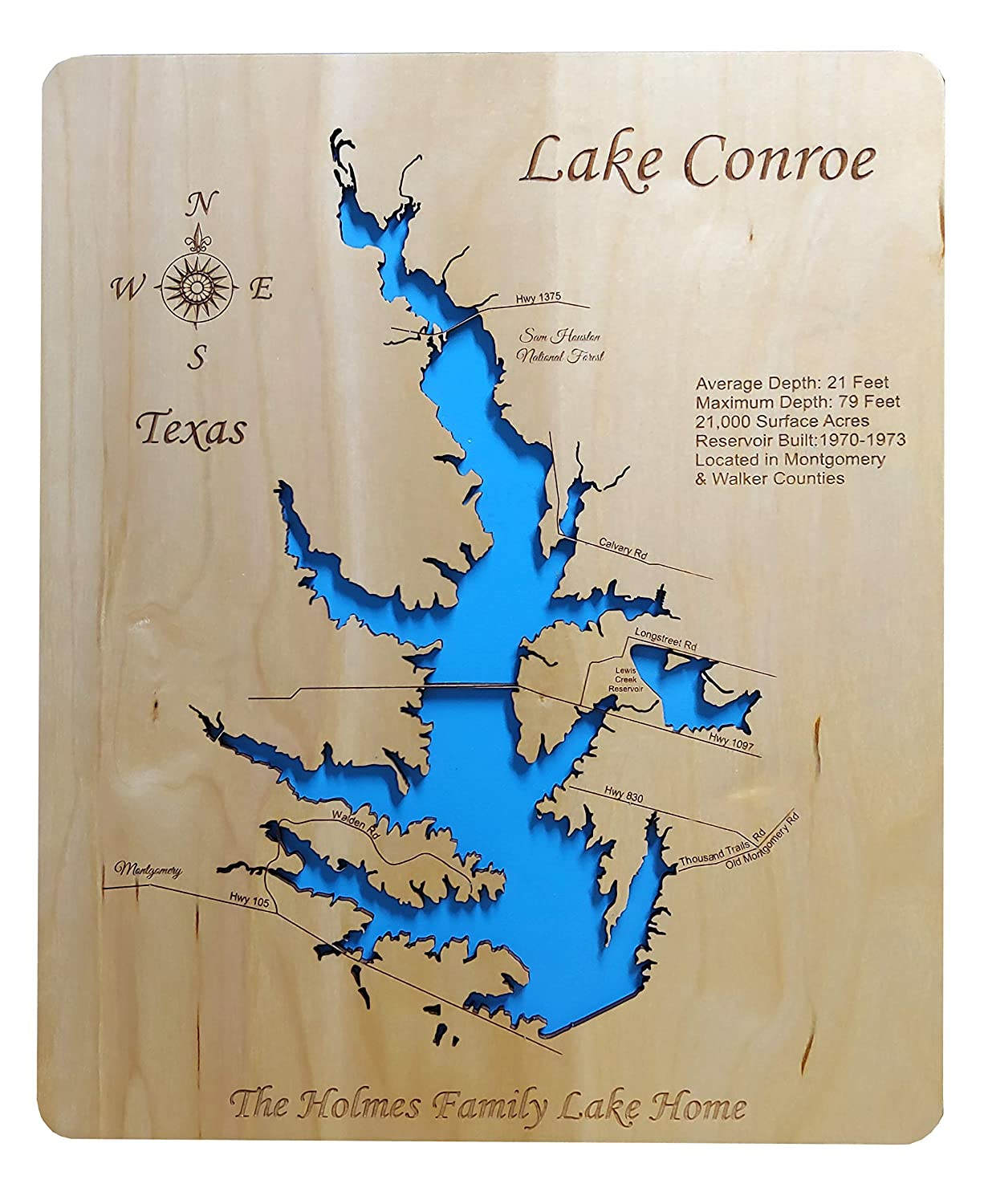 Amazon Lake Conroe Texas Standout Wood Map Wall Hanging Handmade