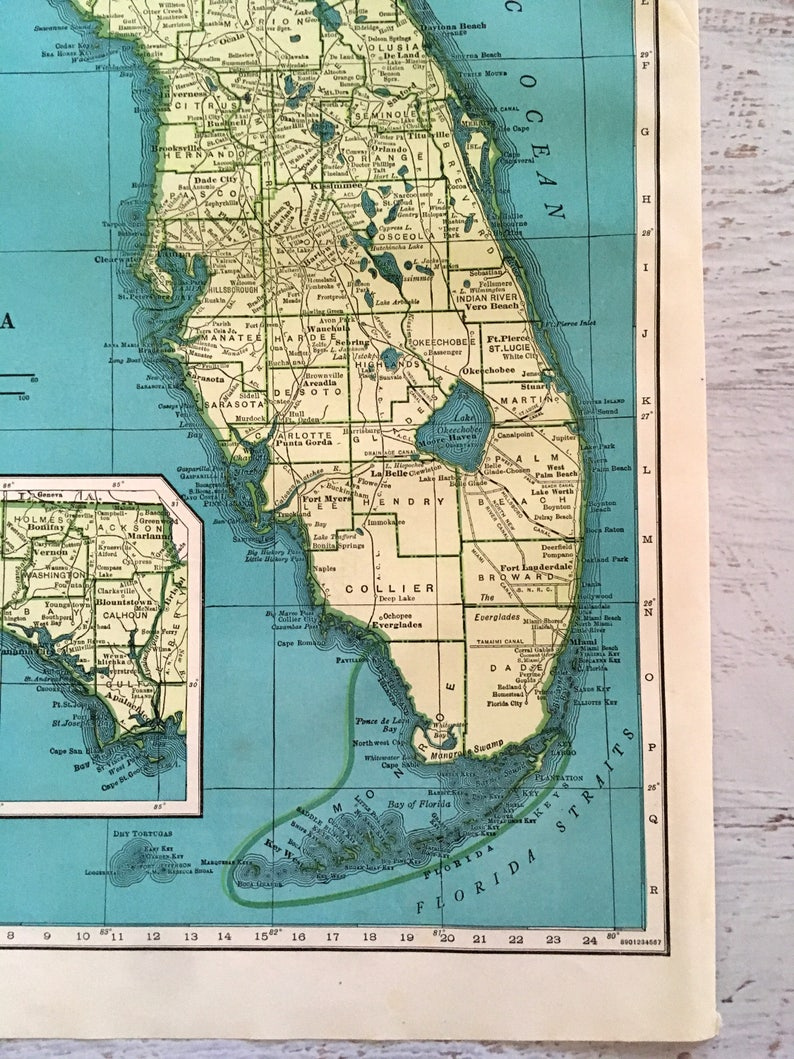 Antique Map Of Florida State Map 1940 Historical Print Etsy