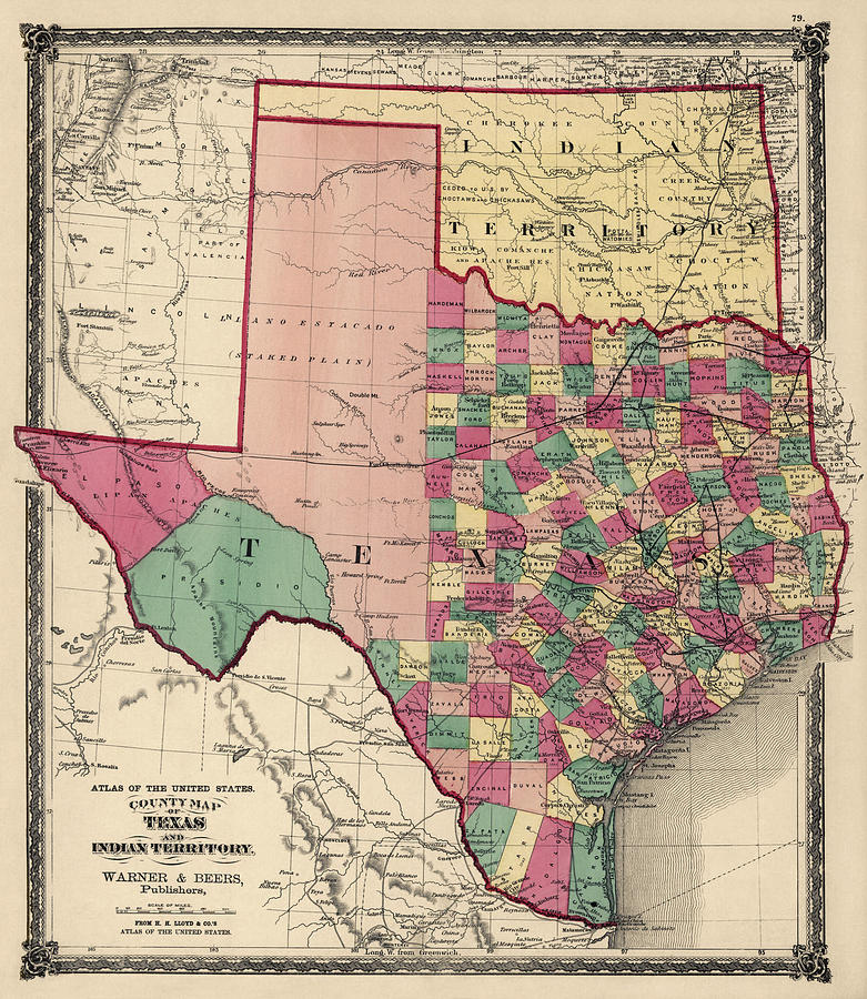 Antique Map Of Texas And Oklahoma By H H Lloyd And Co 1875 Drawing 