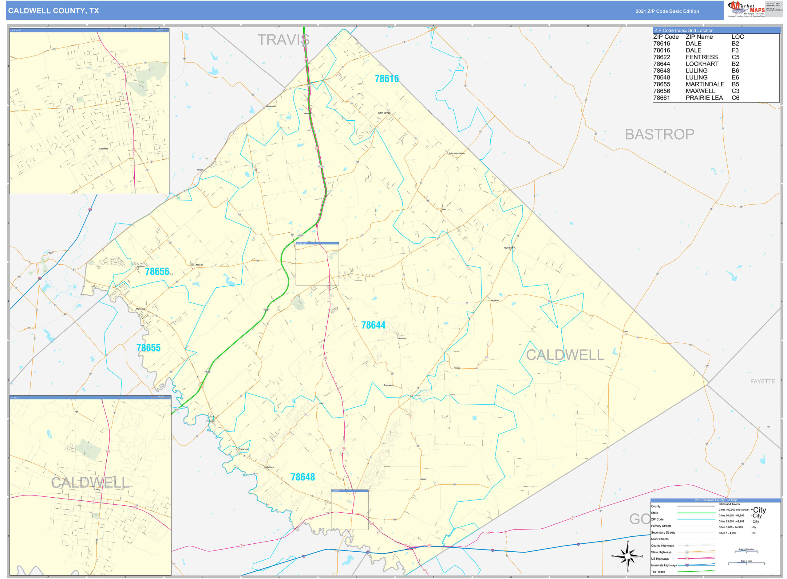 Caldwell County TX Zip Code Wall Map Basic Style By MarketMAPS