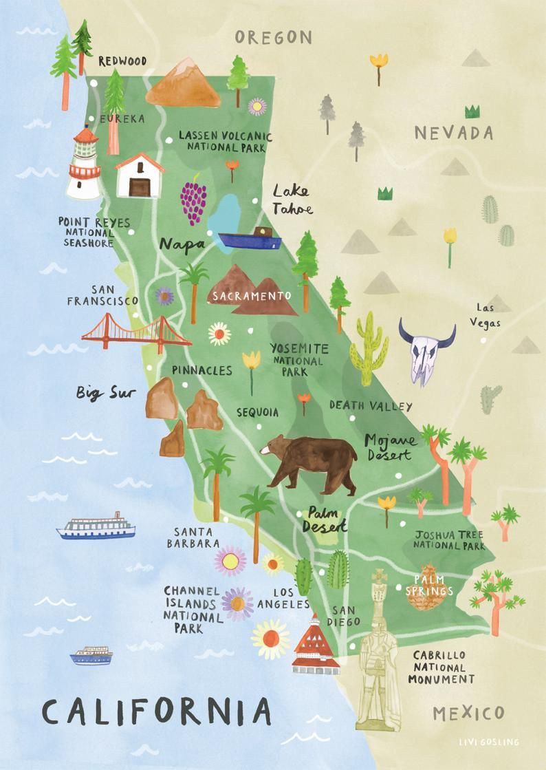 California Illustrated Map California Print California Map Poster 