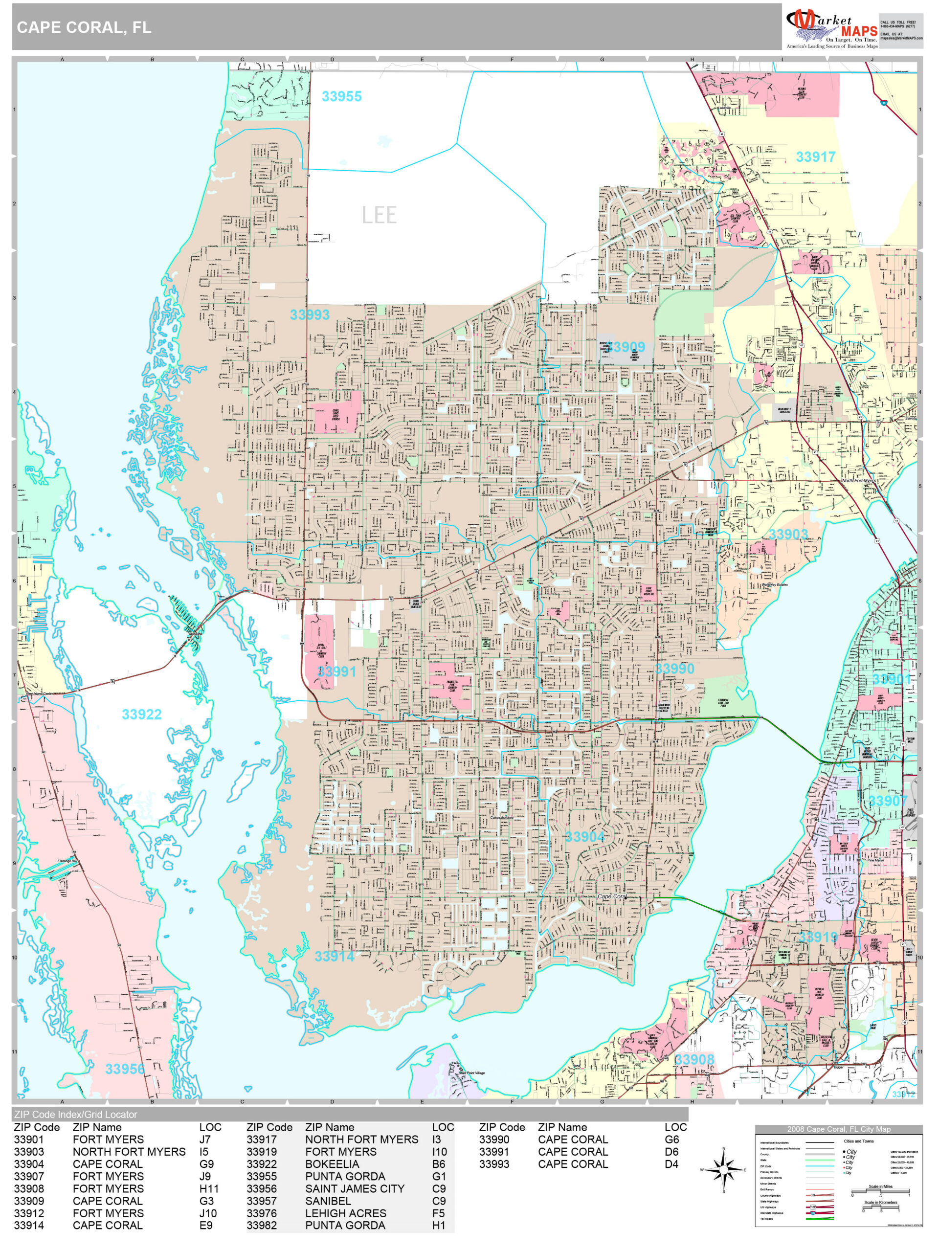 Cape Coral Florida Wall Map Premium Style By MarketMAPS