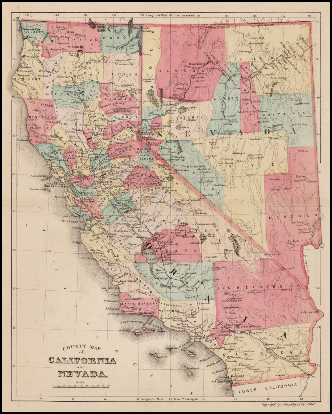 County Map Of California And Nevada Barry Lawrence Ruderman Antique 