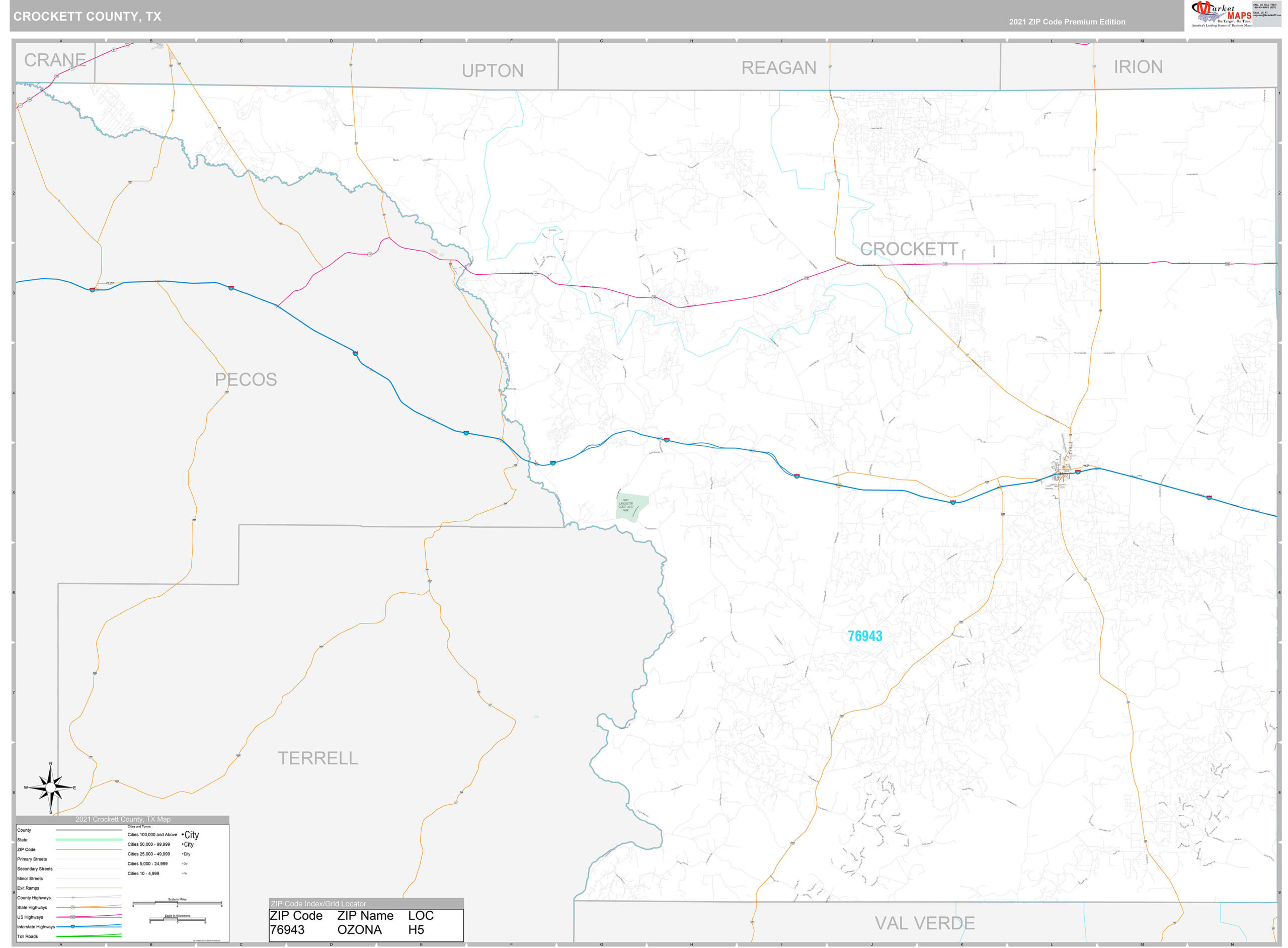 Crockett County TX Wall Map Premium Style By MarketMAPS