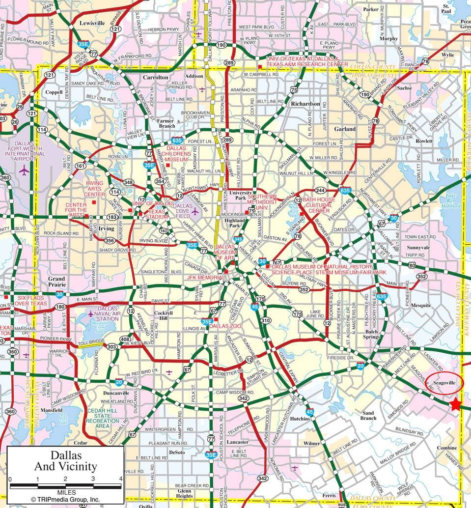 Dallas Map Downtown In The Center With Surrounding Suburbs Outside I 