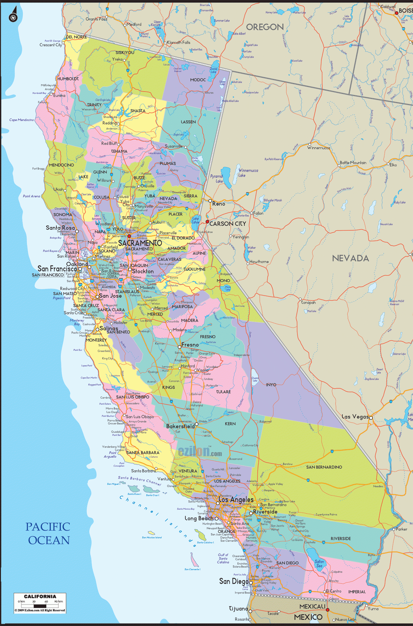 Detailed Political Map Of California Ezilon Maps Wells Printable Map