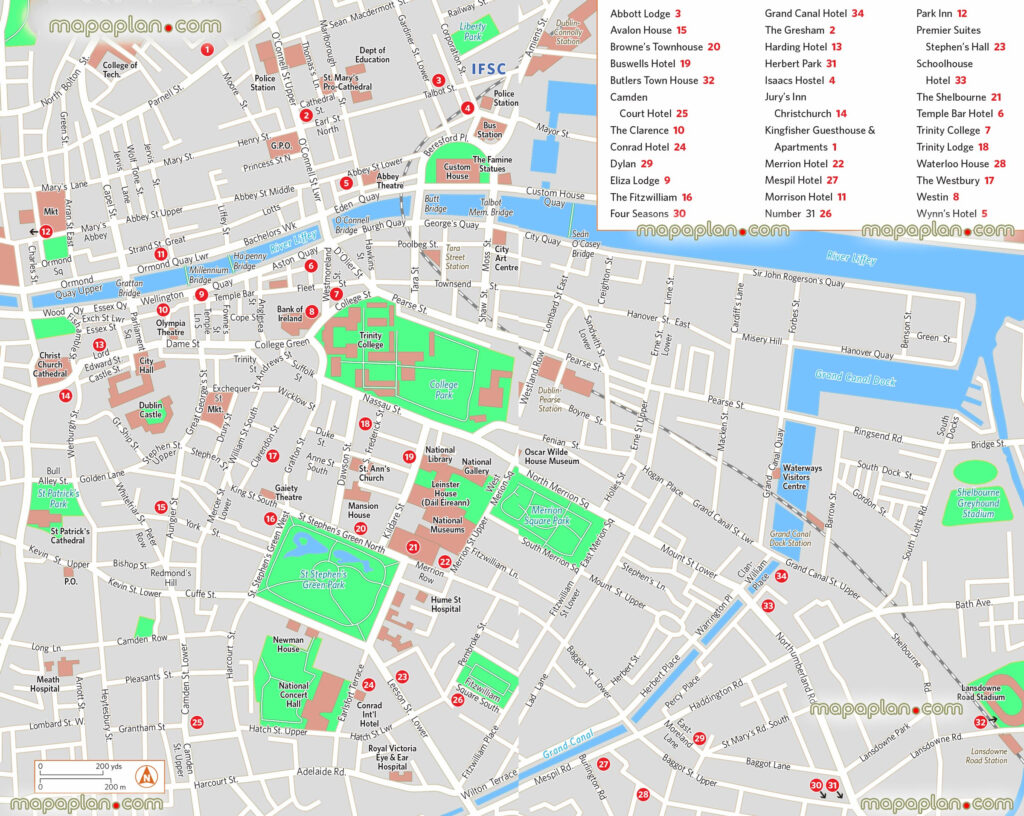 Dublin Map Downtown Dublin Map Of Main Hotels And City Attractions ...