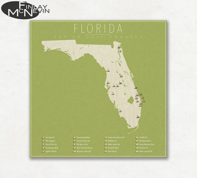 FLORIDA GOLF COURSES Florida Map Featuring The Top 20 Golf Etsy