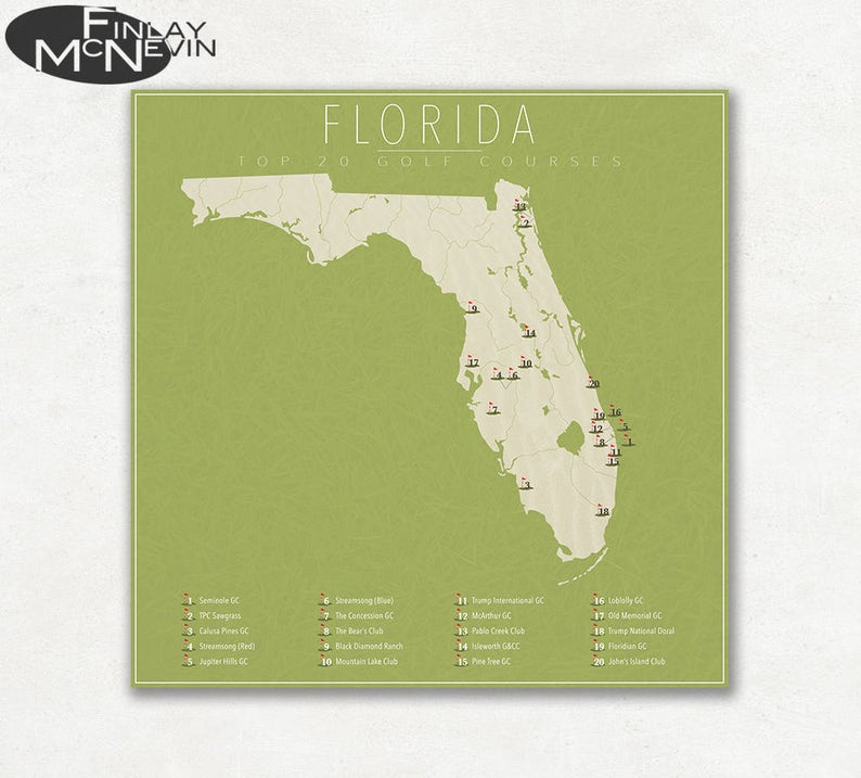 FLORIDA GOLF COURSES Florida Map Featuring The Top 20 Golf Etsy