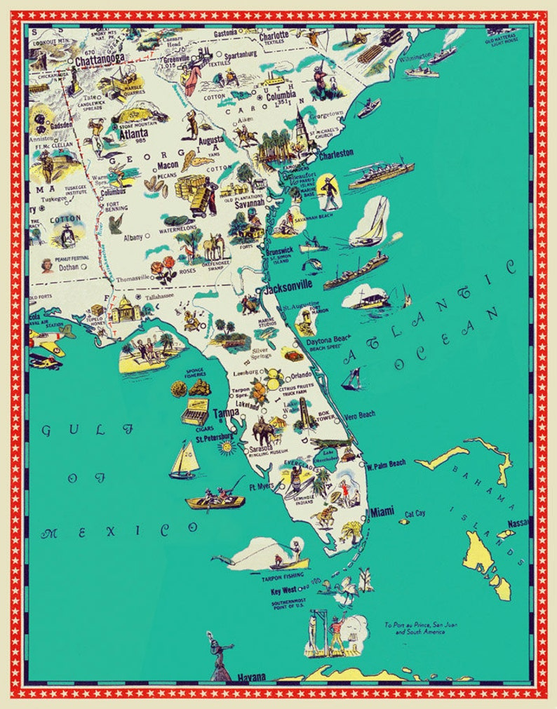 Florida Map Georgia Map South Carolina Map Illustrated Etsy