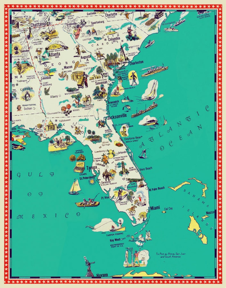 Florida Map Georgia Map South Carolina Map Illustrated Etsy