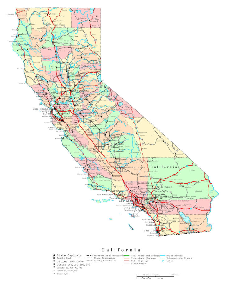 Laminated Map Large Detailed Administrative Map Of California State ...