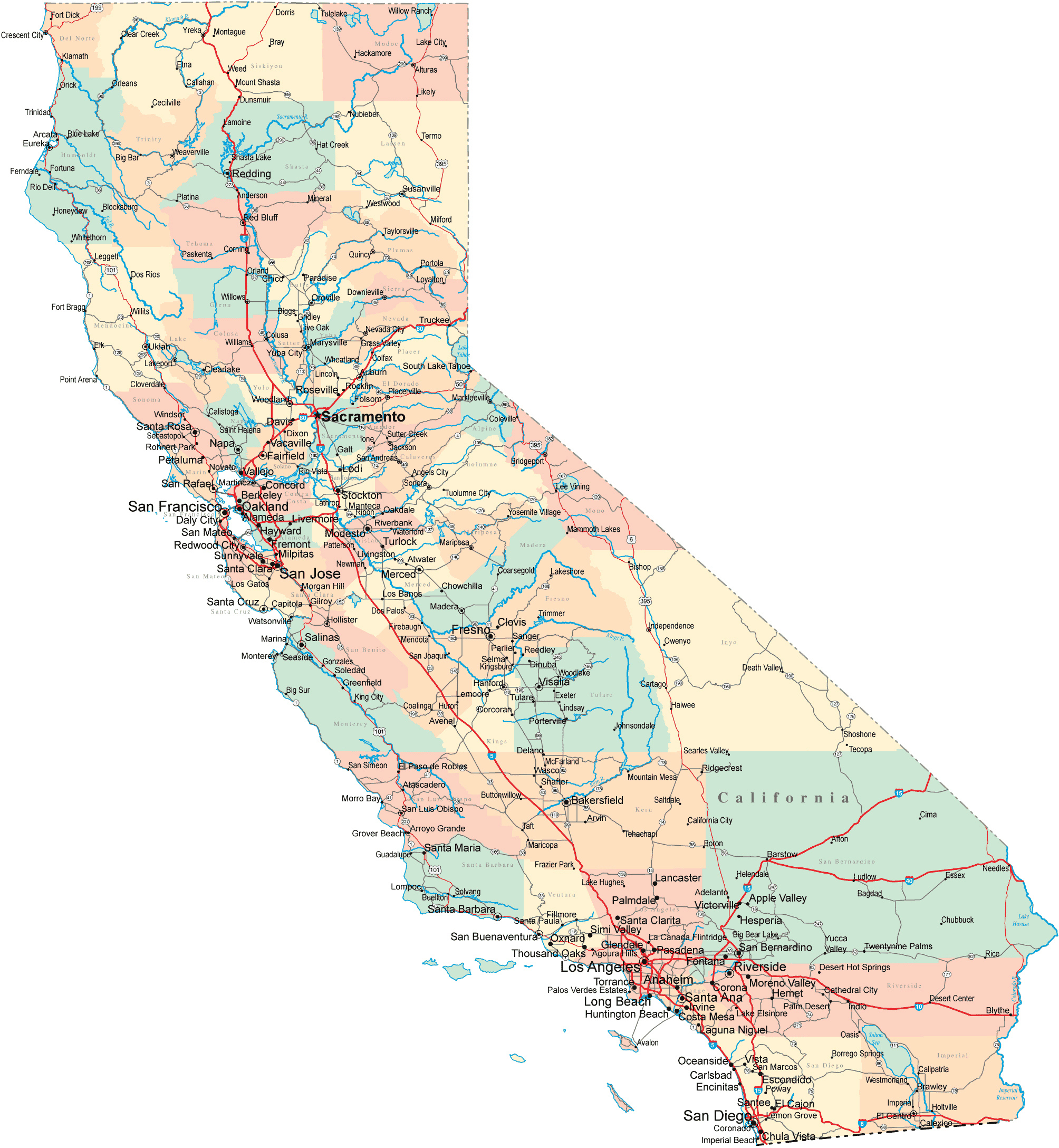 Large Detailed Administrative And Road Map Of California California 