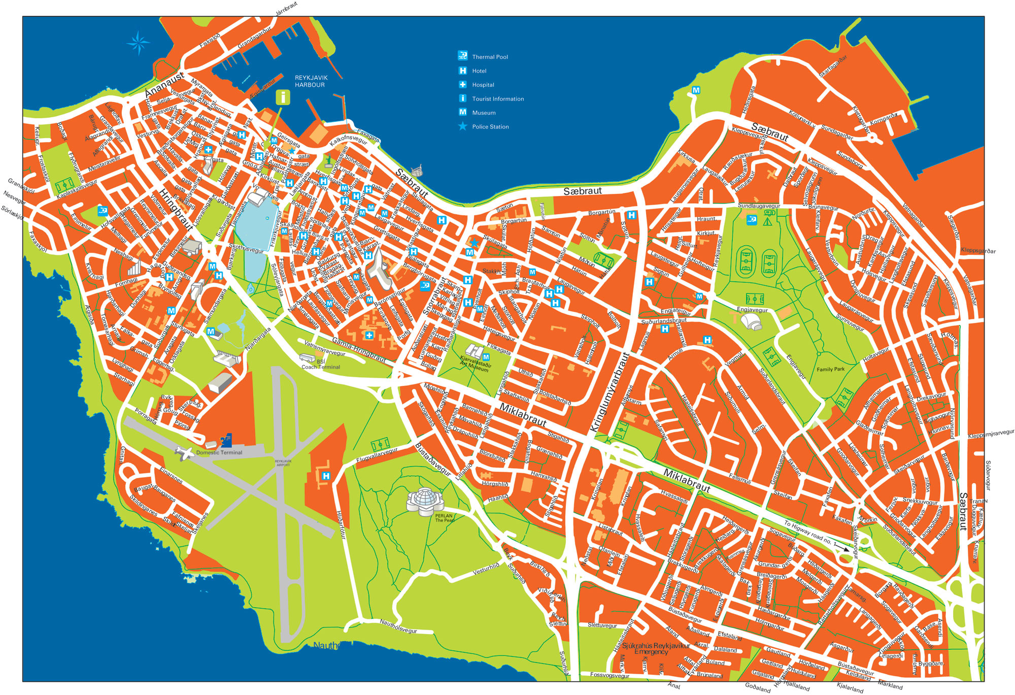 Large Detailed Road And Tourist Map Of Reykjavik City Center Reykjavik 