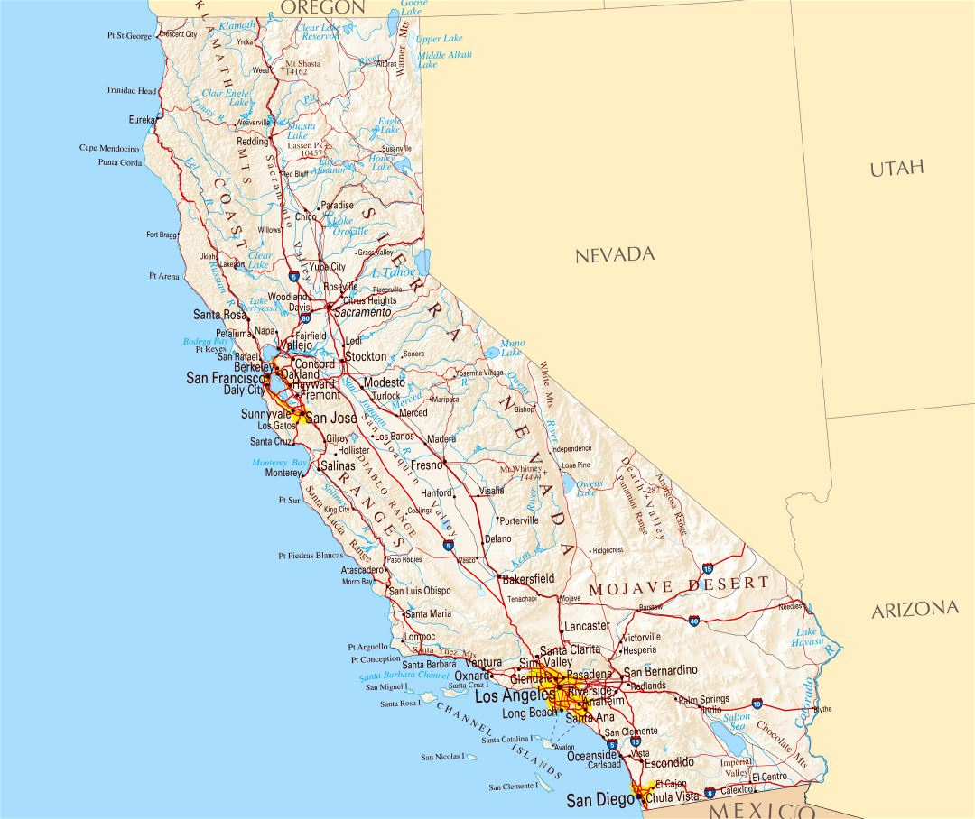 Large Road Map Of California Sate With Relief And Cities California 