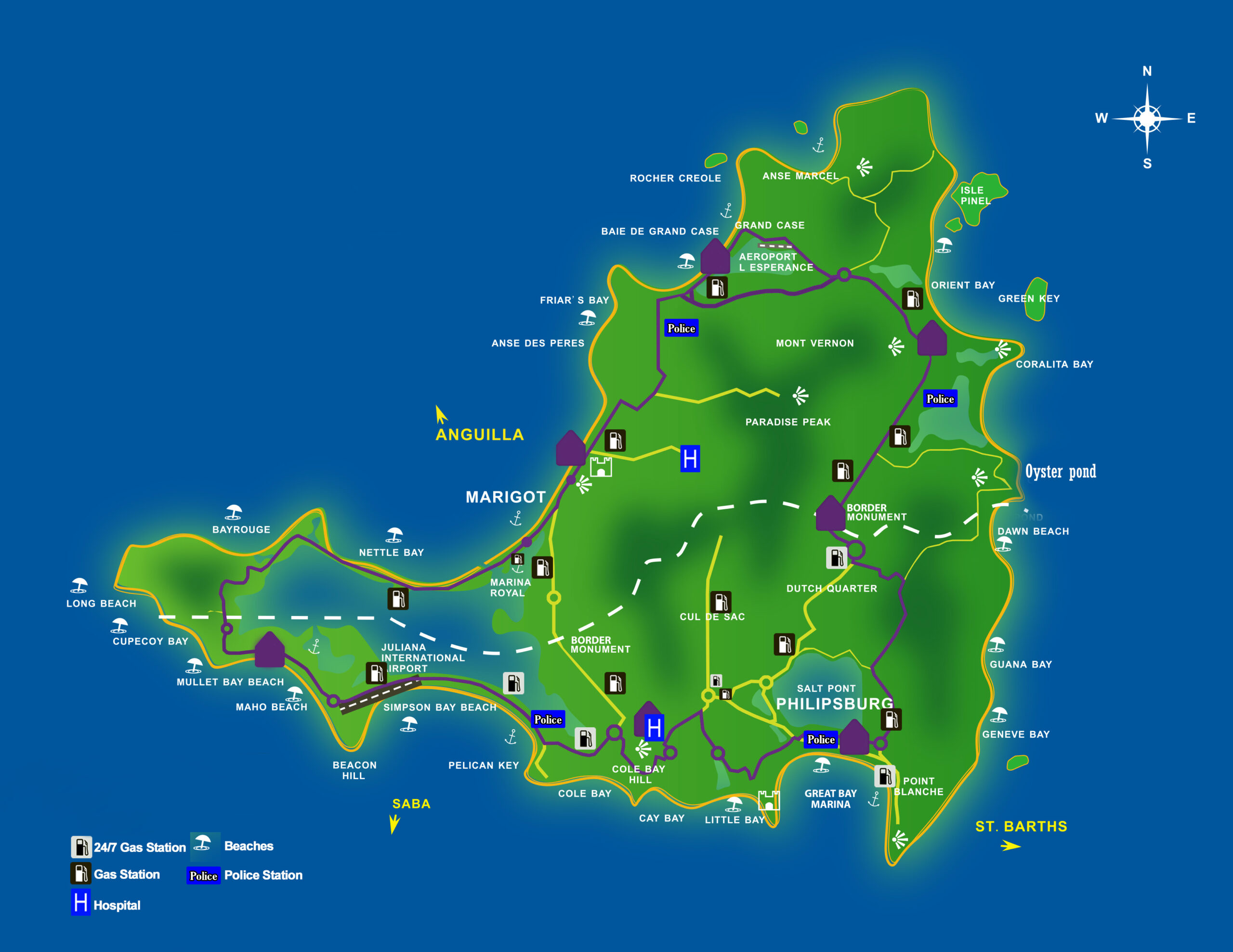 Large Road Map Of St Martin With Other Marks Saint Martin North 