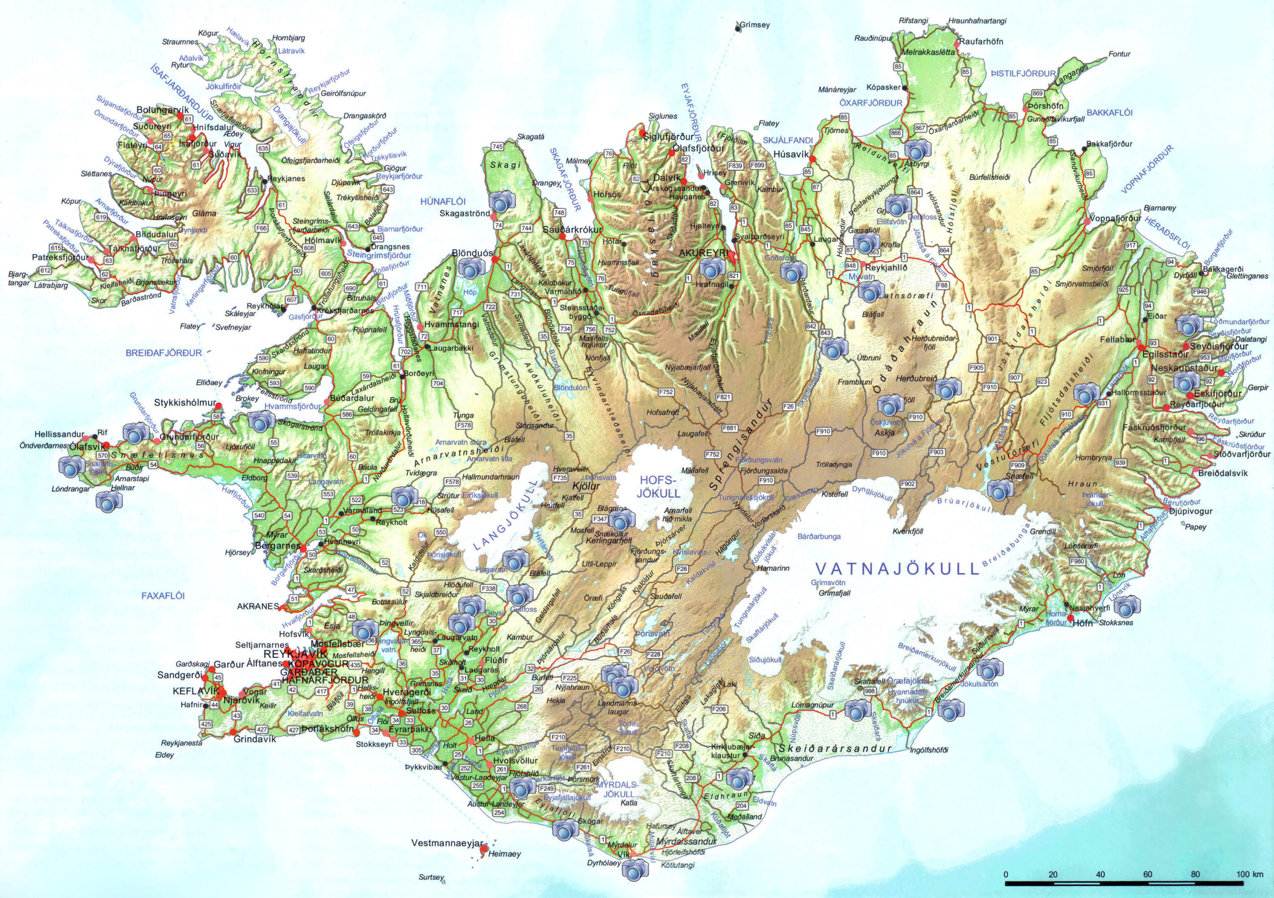 Large Scale Road Map Of Iceland With Relief Cities And Photo Locations 