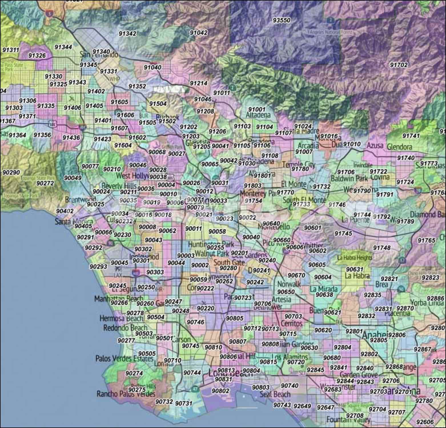 Los Angeles Zip Codes Los Angeles County Zip Code Boundary Map