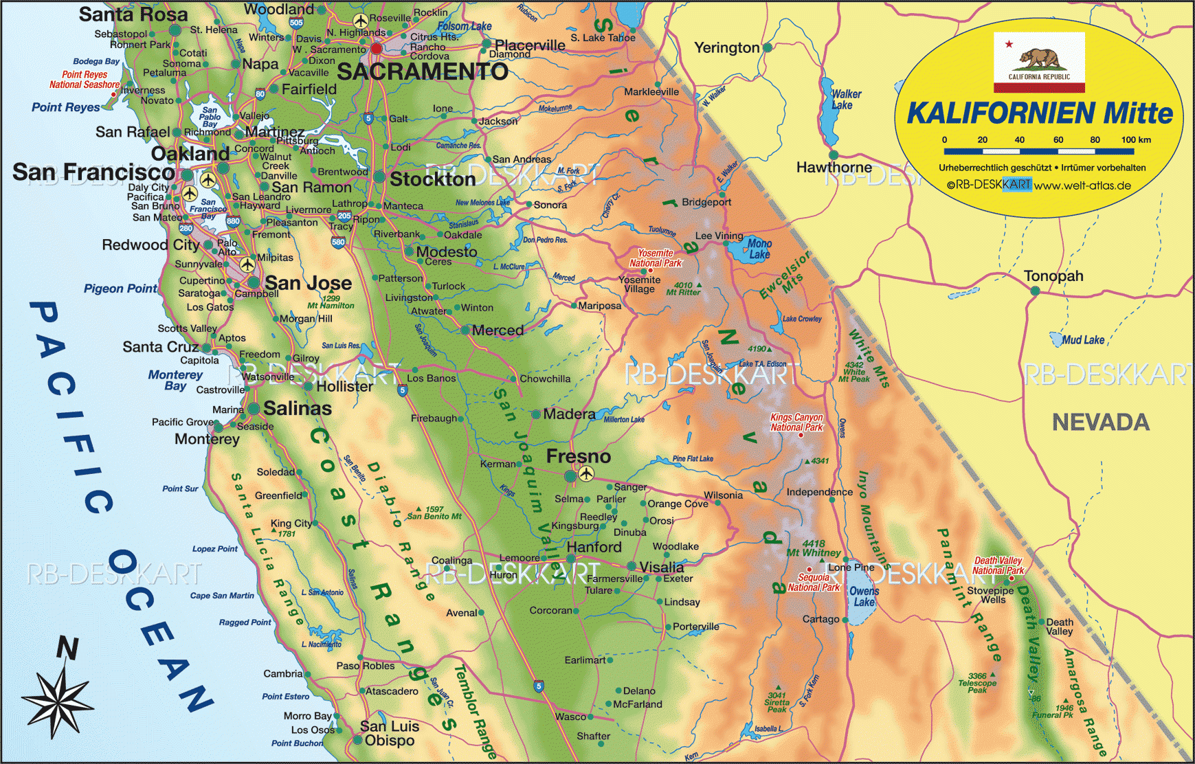 Map Of California Middle Region In USA Welt Atlas de