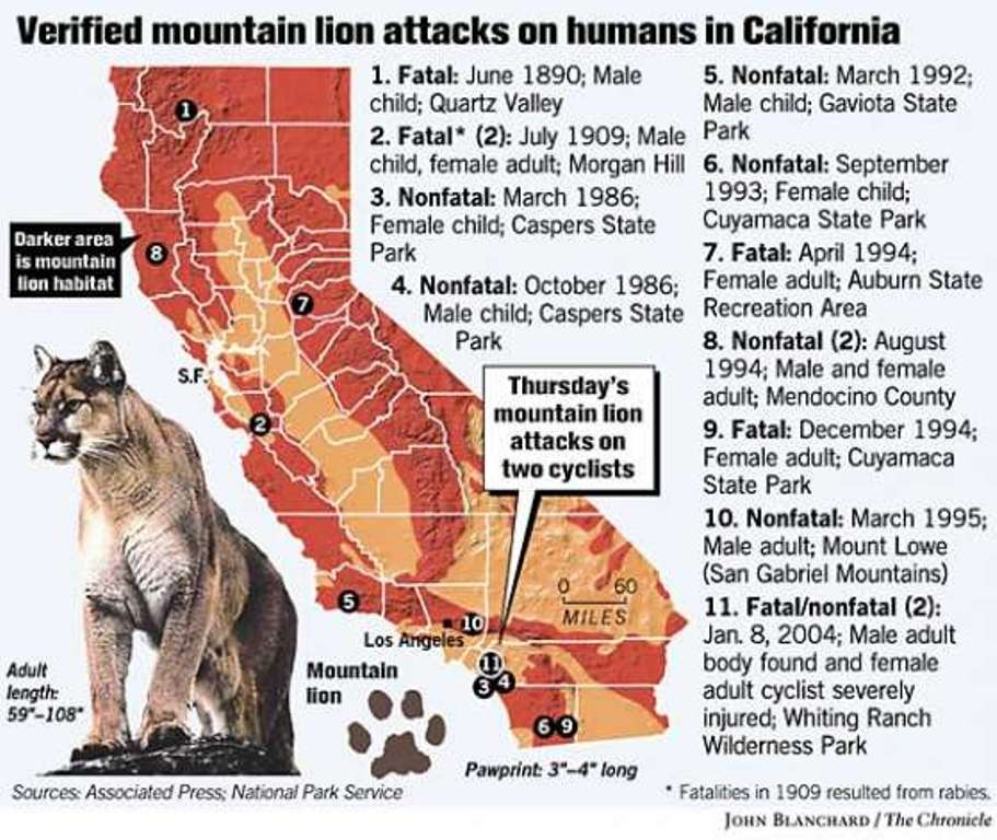 Map Of Verified Mountain Lion Attacks On Humans In California As Of 