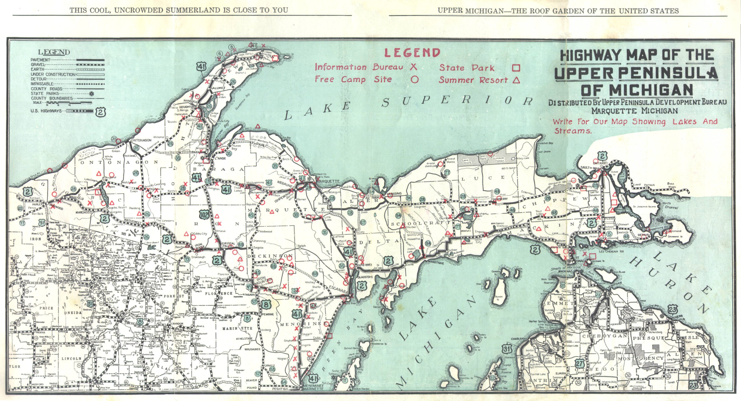 Michigan UP Map 1920 Michigan Highway Map Upper Peninsula