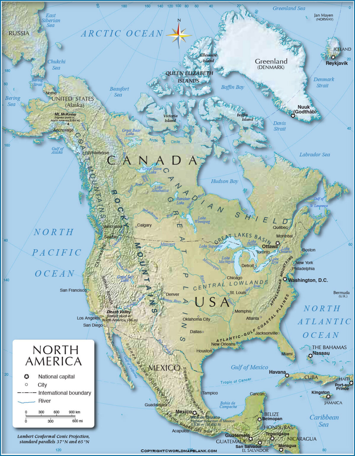 North America Physical Map Map Of North America Physical