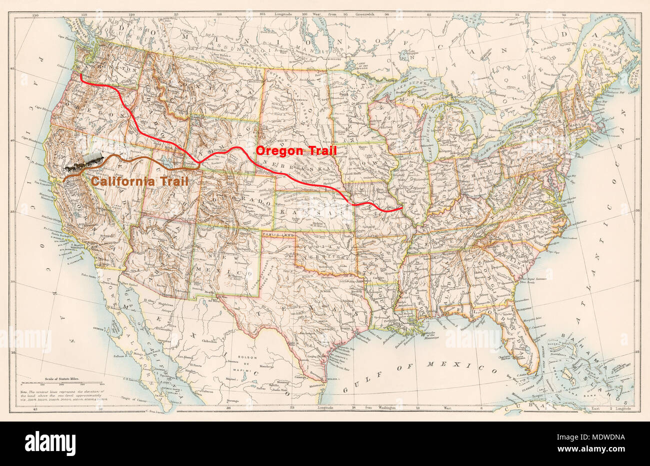 Oregon Trail Und California Trail Routen Auf Einer 1870er Karte Der USA 