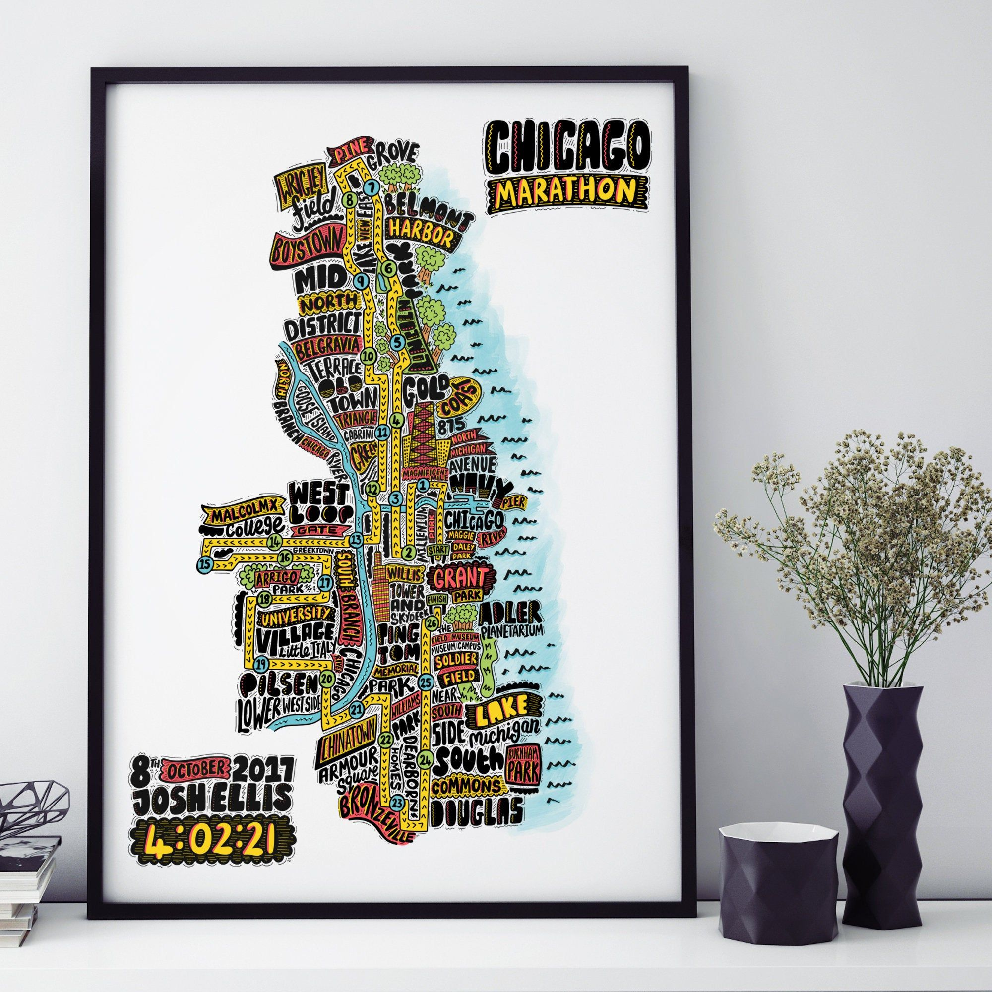 Personalised Chicago Marathon Route Map Wall Art Art Etsy Map 