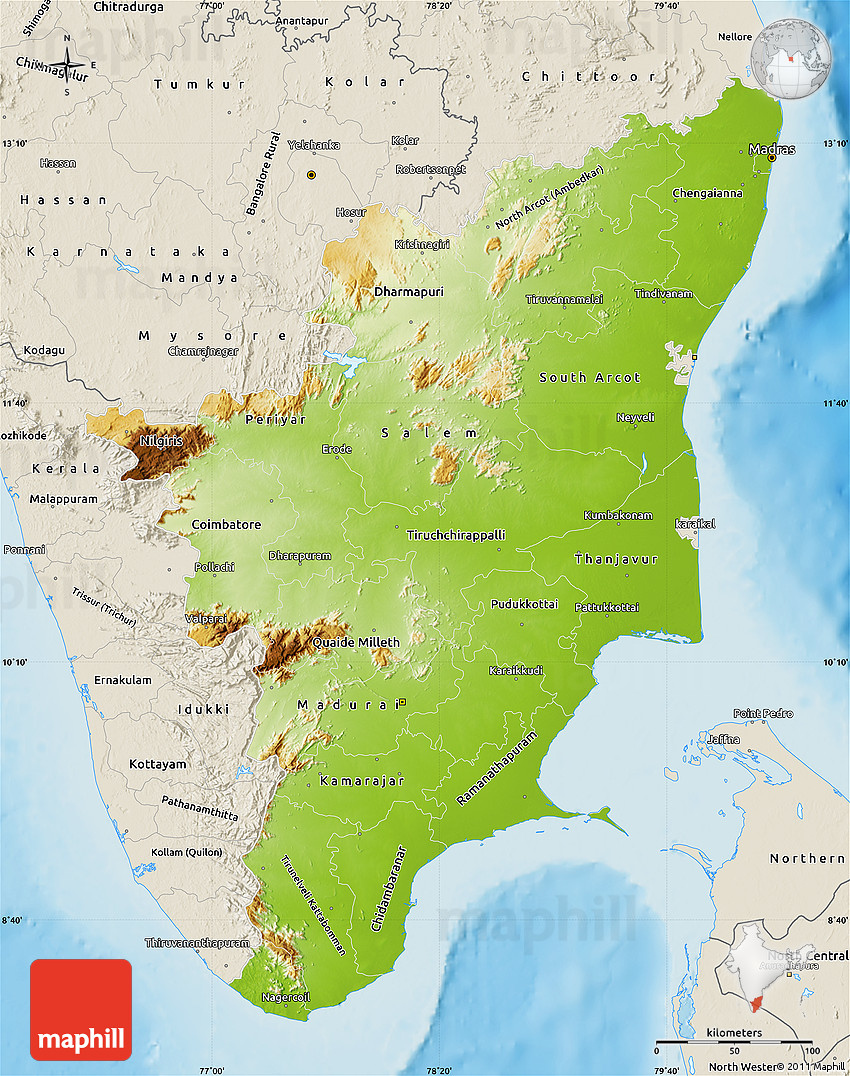 Physical Map Of Tamil Nadu Shaded Relief Outside