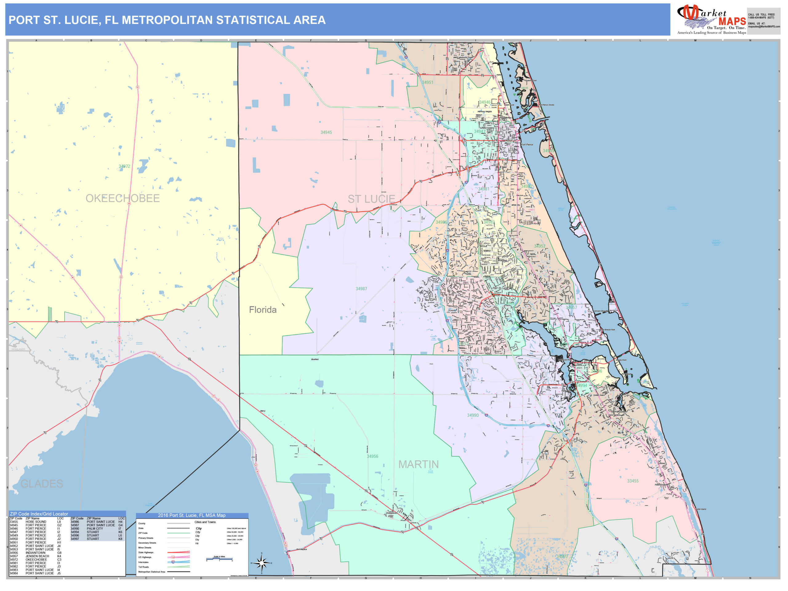 Port St Lucie FL Metro Area Wall Map Color Cast Style By MarketMAPS 