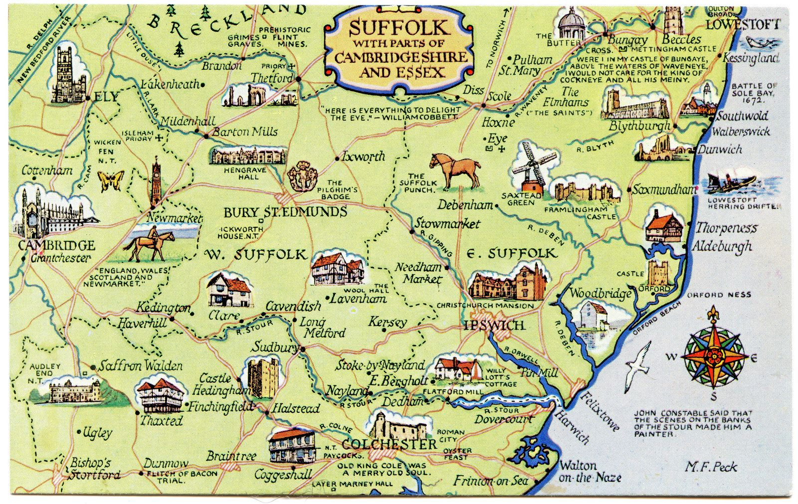 Postcard Map Of Suffolk With Parts Of Cambridgeshire And Essex 