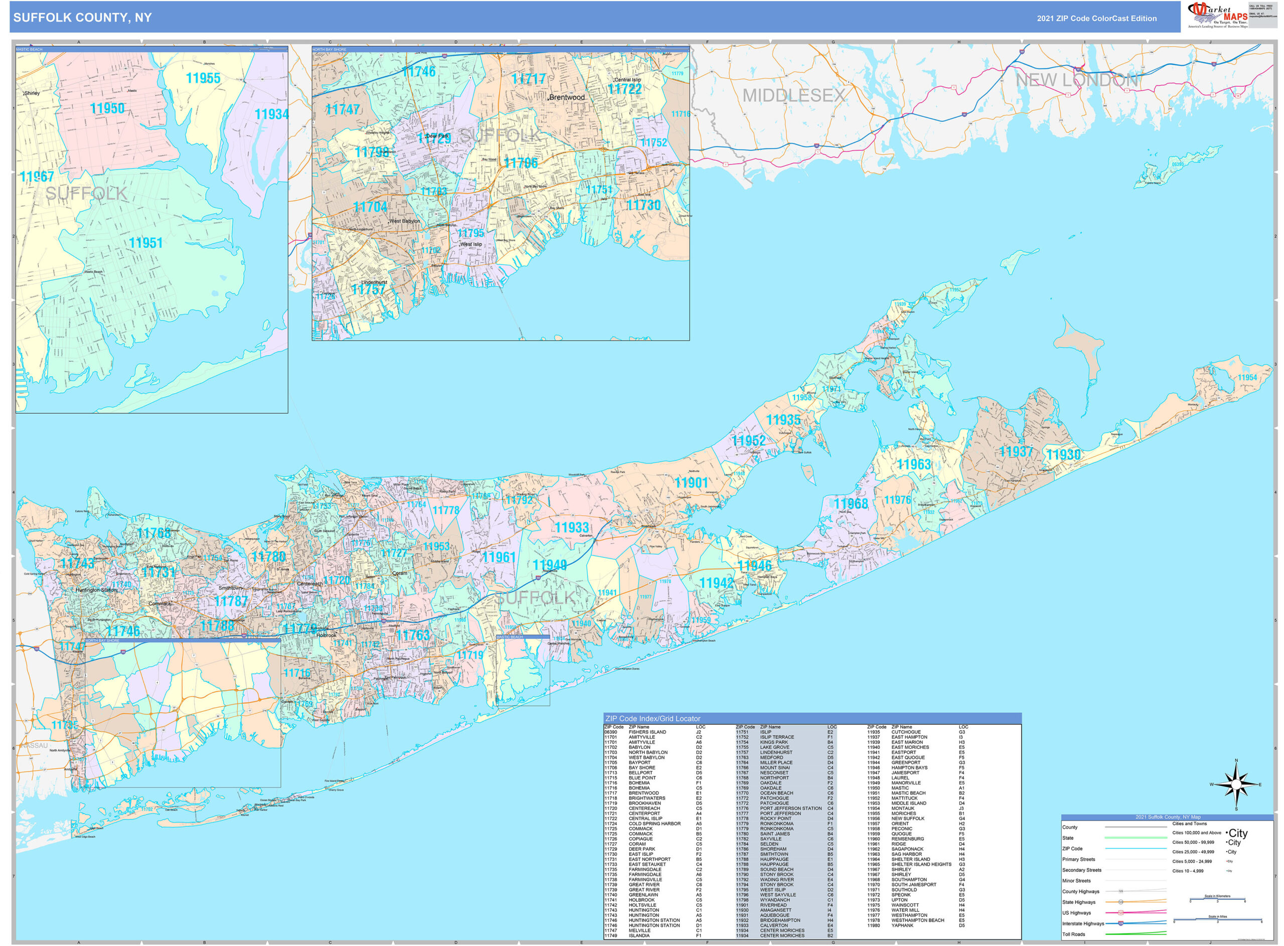 Suffolk County NY Wall Map Color Cast Style By MarketMAPS