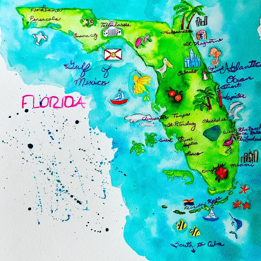 Watercolor Map Of Florida Painting By Janet Chalif